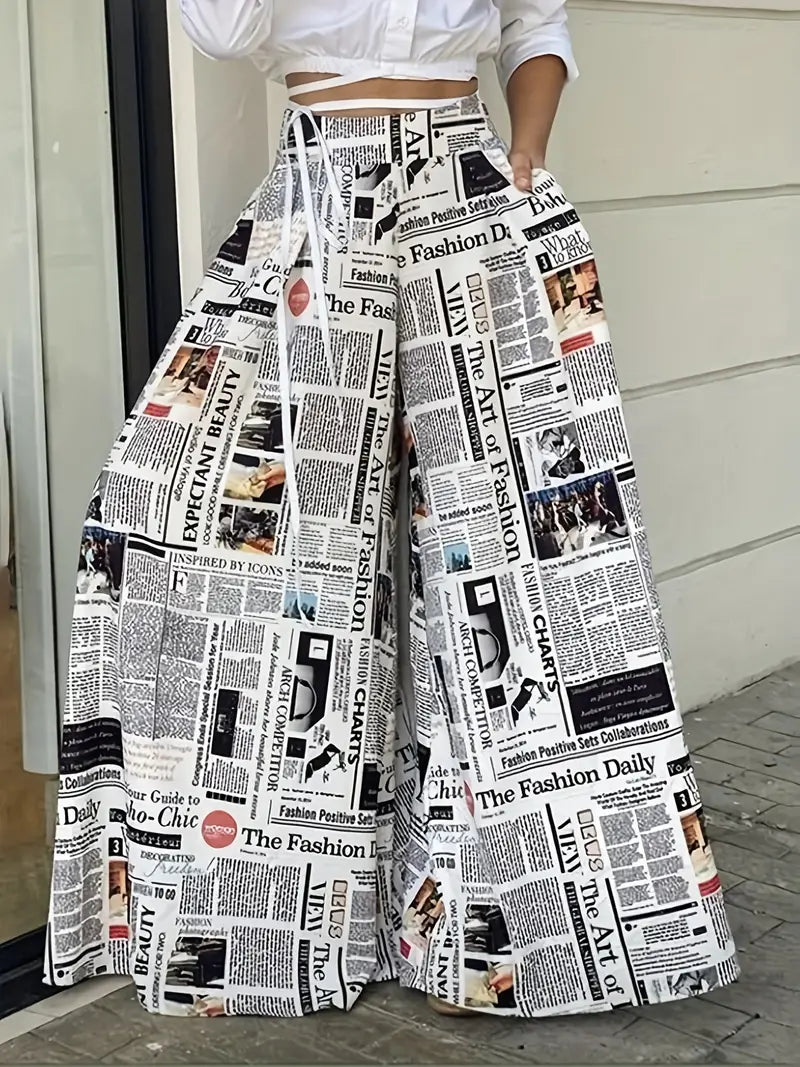 Trendy Flowy Wide Leg Newspaper Print Pants