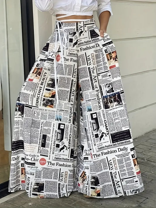 Trendy Flowy Wide Leg Newspaper Print Pants