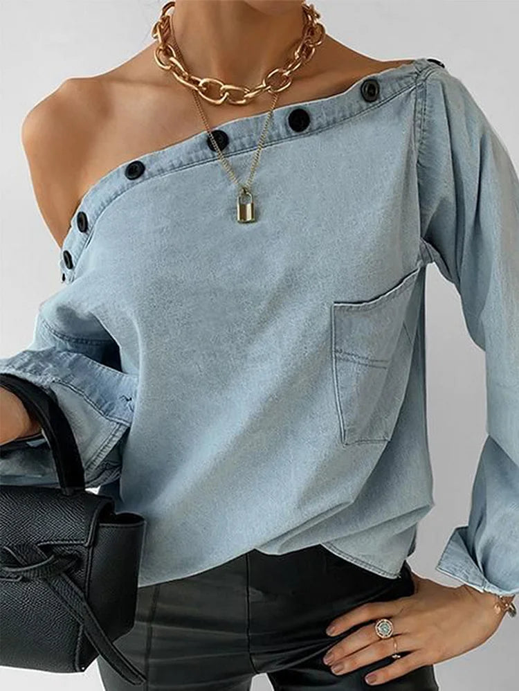 Sexy Boho Off The Shoulder Button Detail Denim Top