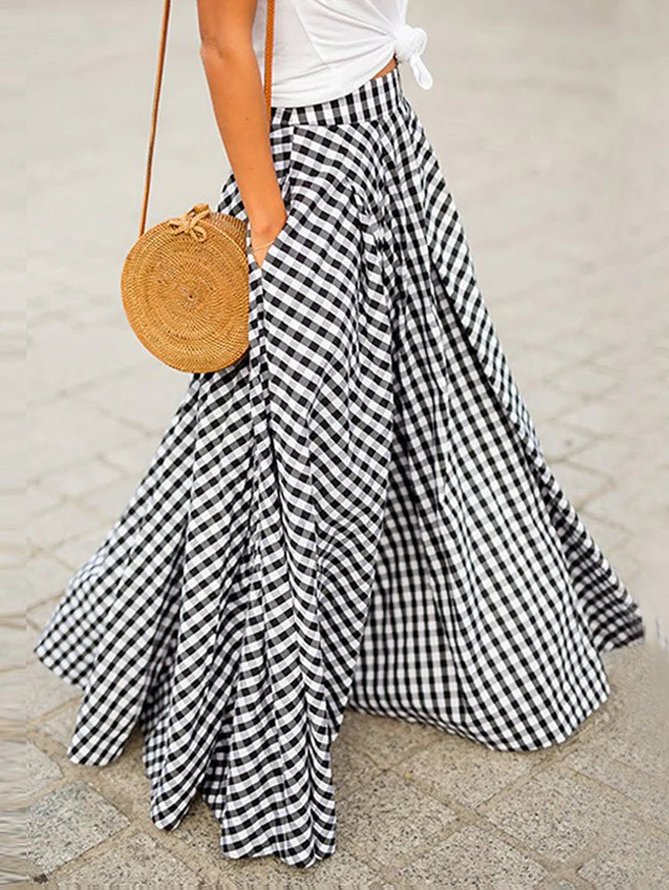 Romantic Blue and White Flowy Gingham Check Maxi Skirt