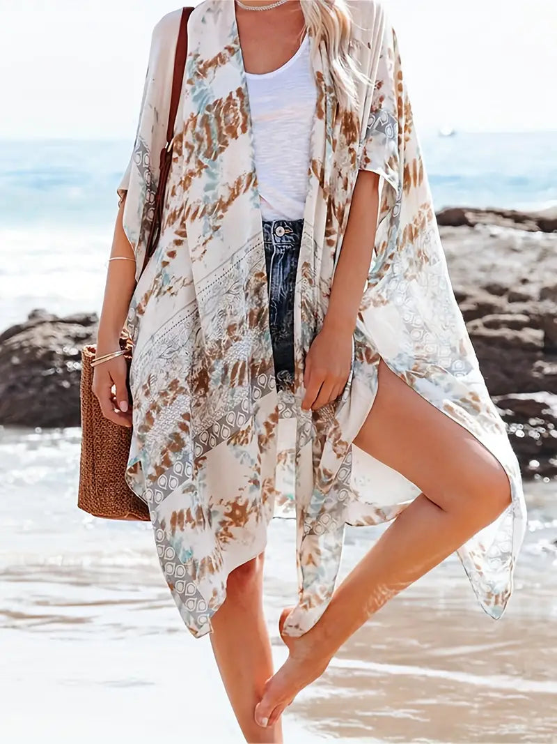 Exotic Boho Festival White Multicolor Print Kimono