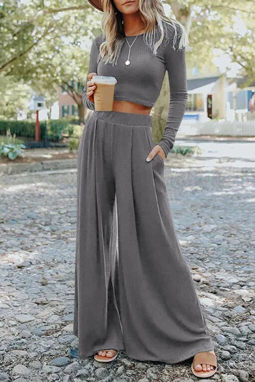 Boho Black 2pc Crop Top and Flowy Wide Leg Pants Set