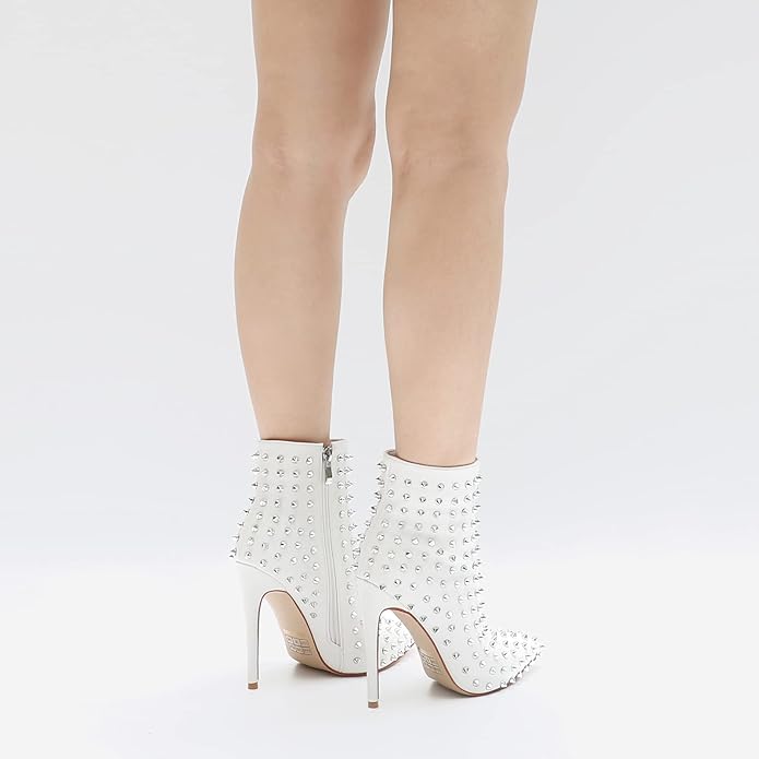 White Silver Spiked Faux Leather Ankle Boots