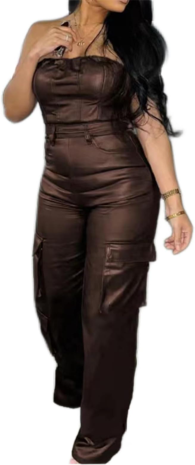 Sexy Brown Faux Leather Strapless Cargo Jumpsuit Catsuit