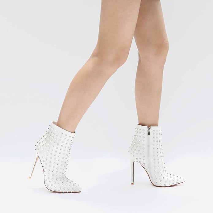 White Silver Spiked Faux Leather Ankle Boots