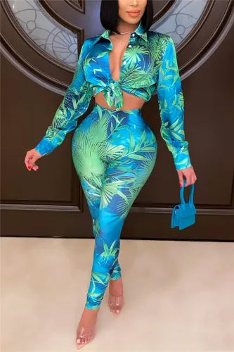 Sexy Blue & Green Tropical Print 2 Piece Top & Leggings Set