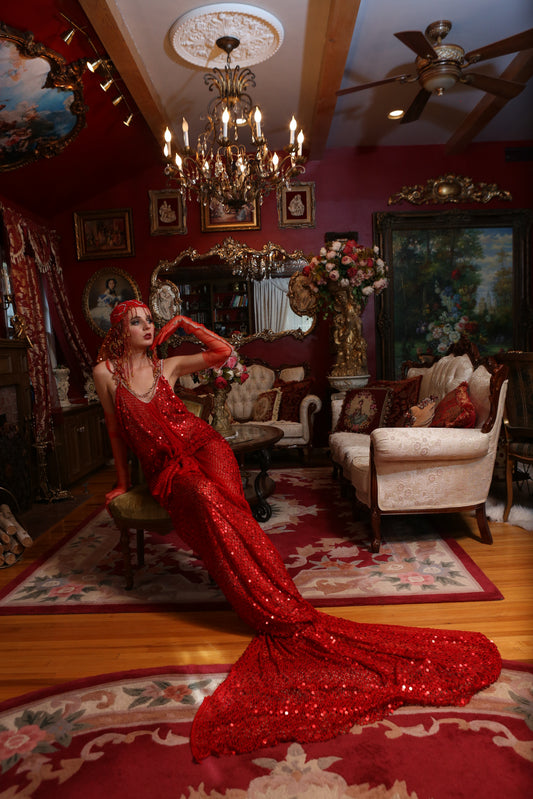 "LADY ELEANOR" Red & Gold Sequin Net Gatsby Mermaid Wedding Ballgown Set