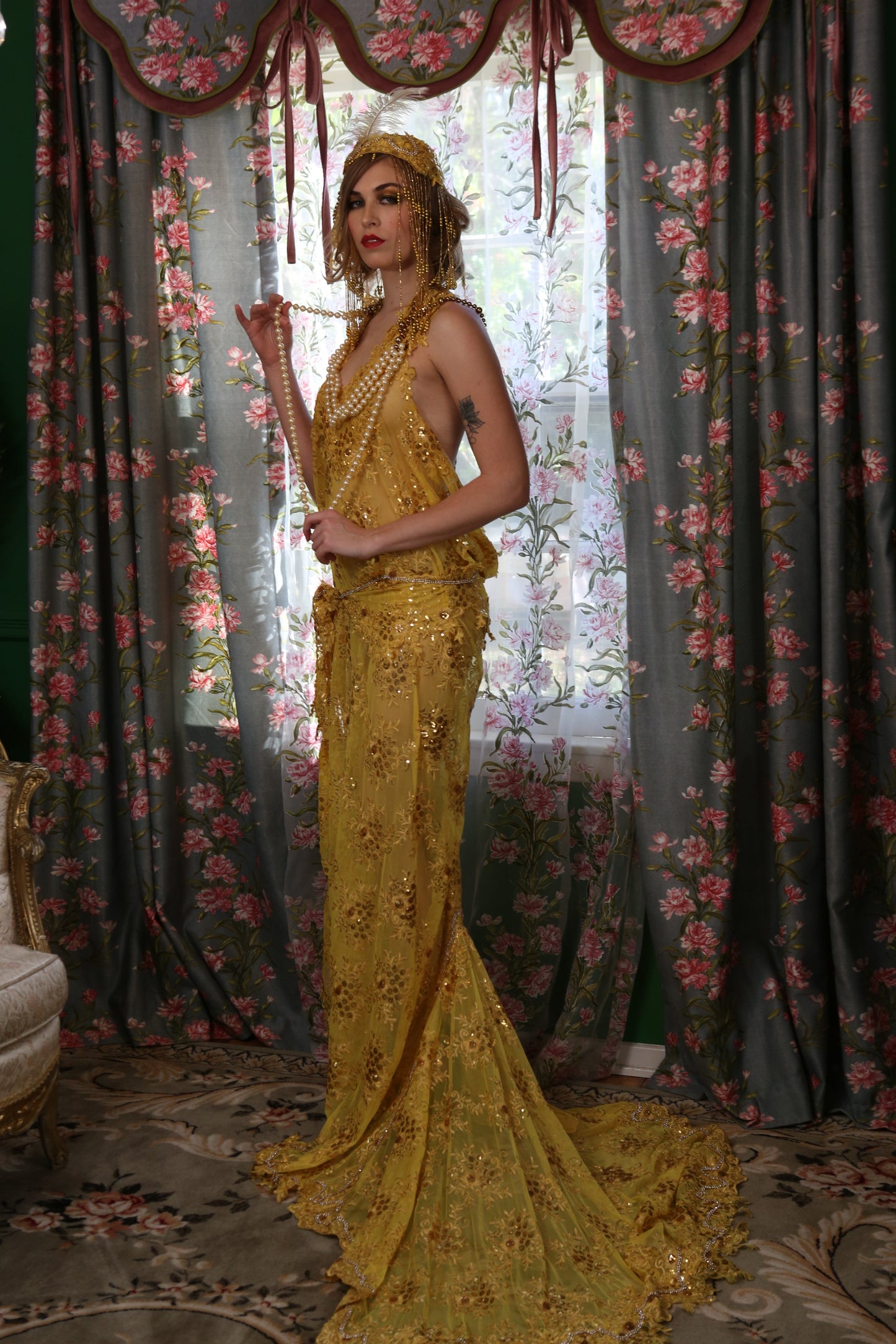 SAMPLE GOWN ONLY "DUCHESS RUTH" Gold Embroidered Sequin Lace Gatsby Mermaid Wedding Gown Set