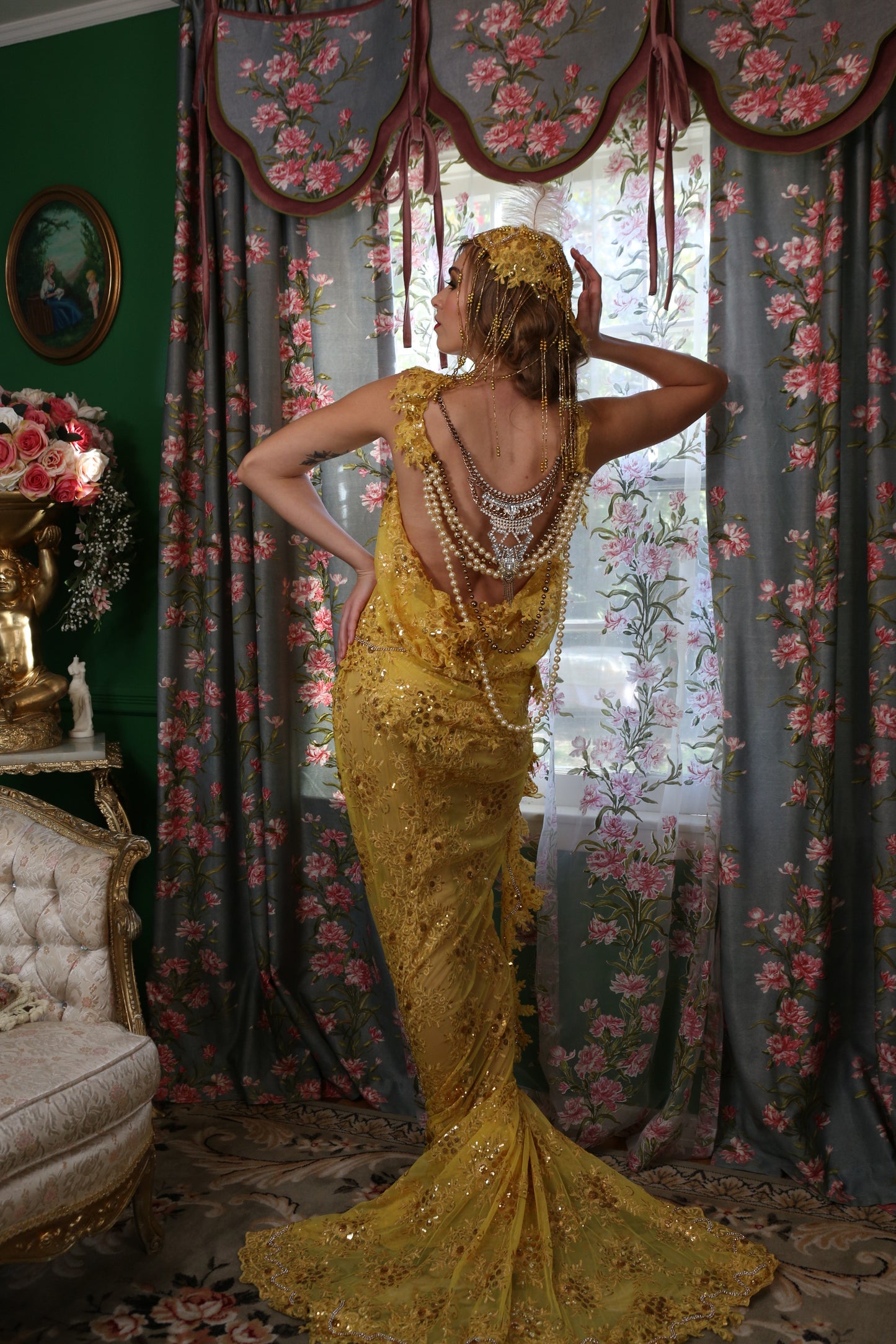 SAMPLE GOWN ONLY "DUCHESS RUTH" Gold Embroidered Sequin Lace Gatsby Mermaid Wedding Gown Set