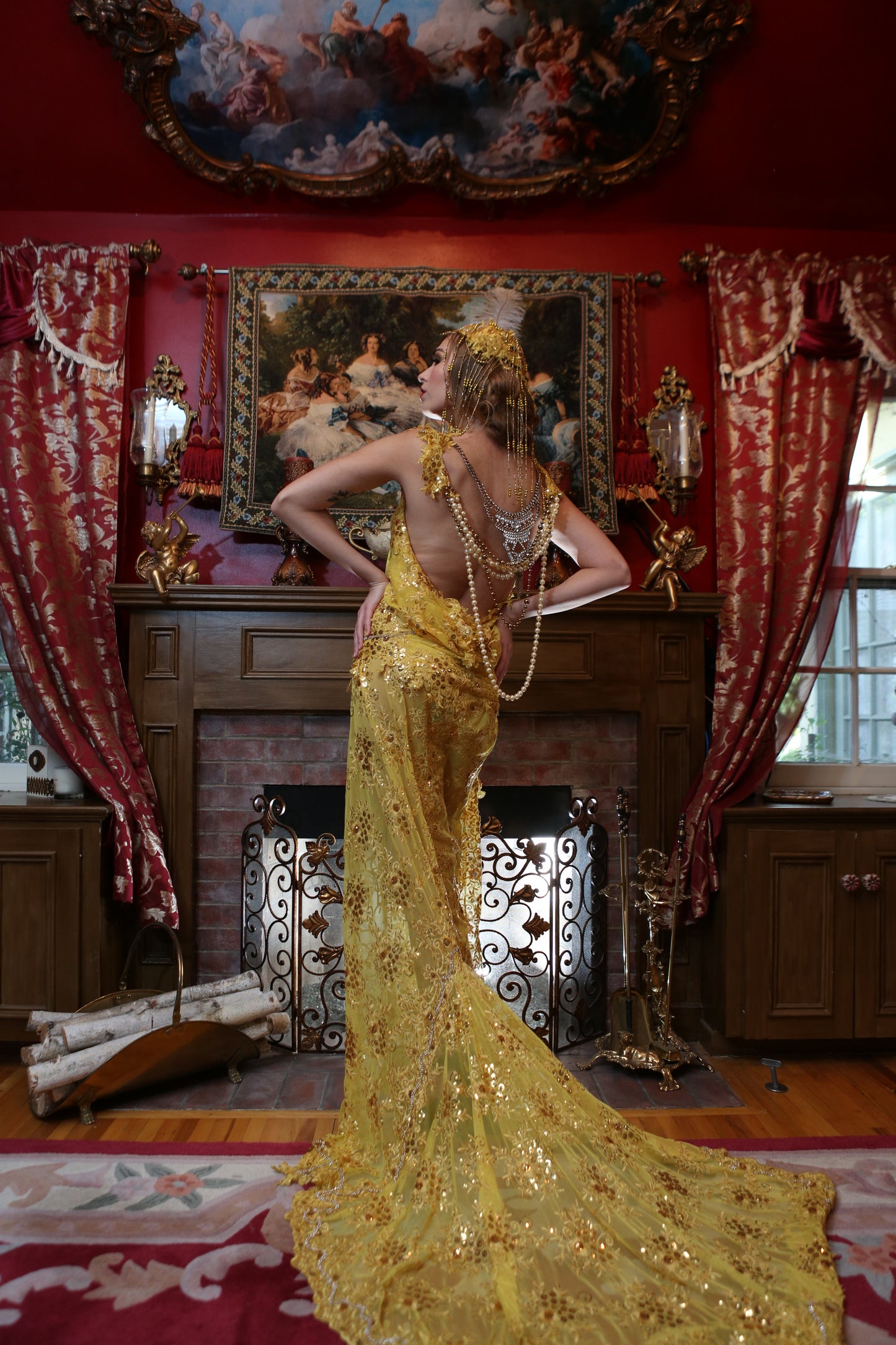 SAMPLE GOWN ONLY "DUCHESS RUTH" Gold Embroidered Sequin Lace Gatsby Mermaid Wedding Gown Set