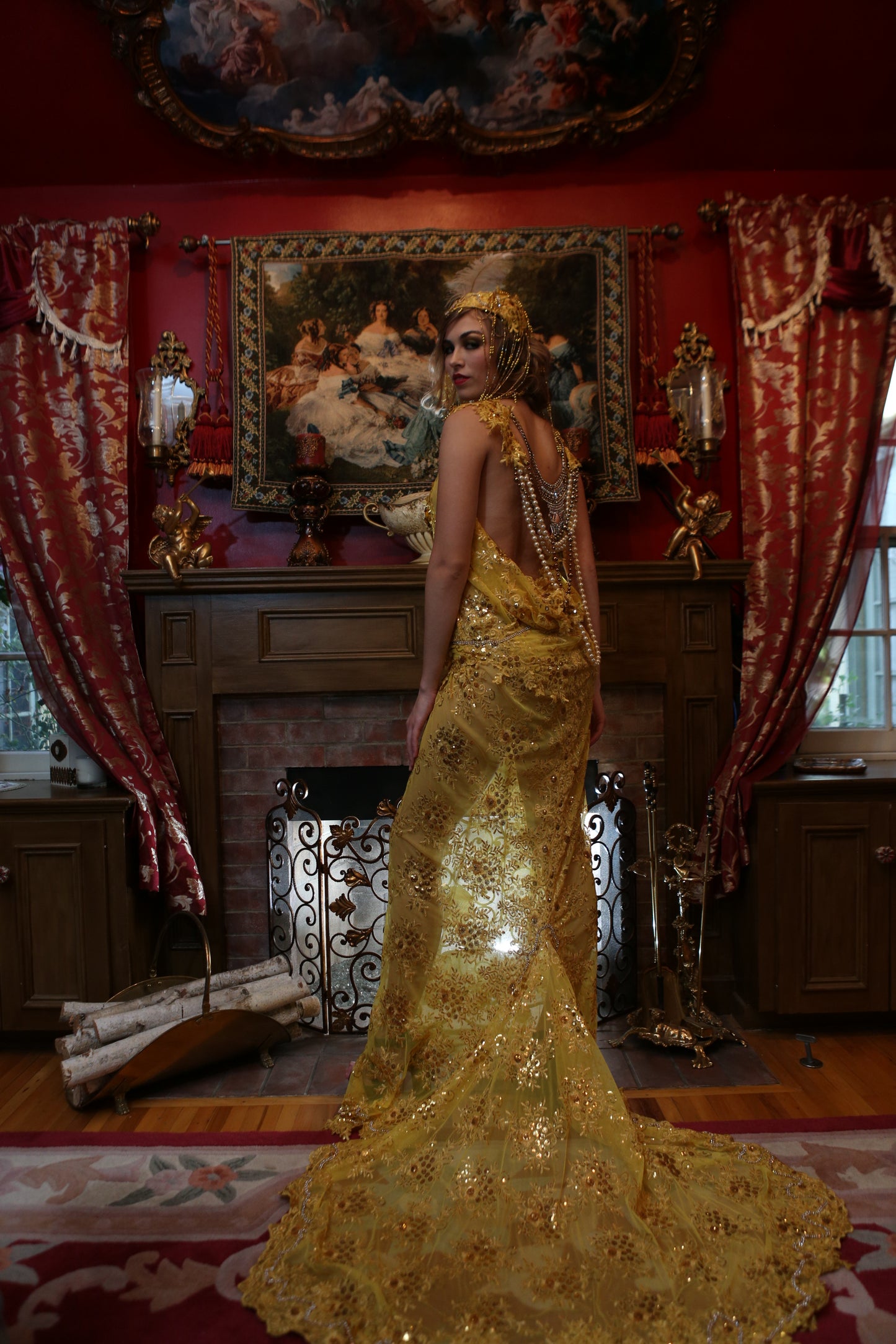 SAMPLE GOWN ONLY "DUCHESS RUTH" Gold Embroidered Sequin Lace Gatsby Mermaid Wedding Gown Set