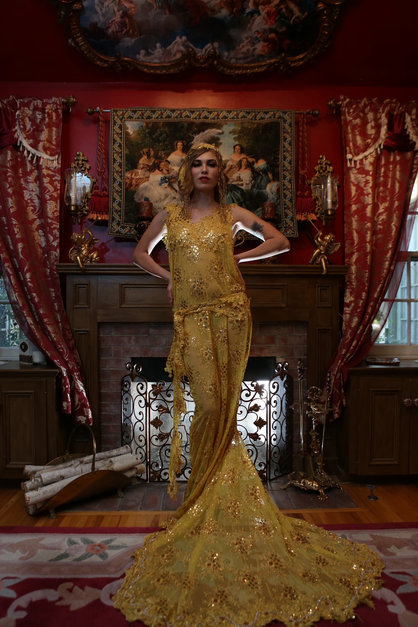 SAMPLE GOWN ONLY "DUCHESS RUTH" Gold Embroidered Sequin Lace Gatsby Mermaid Wedding Gown Set