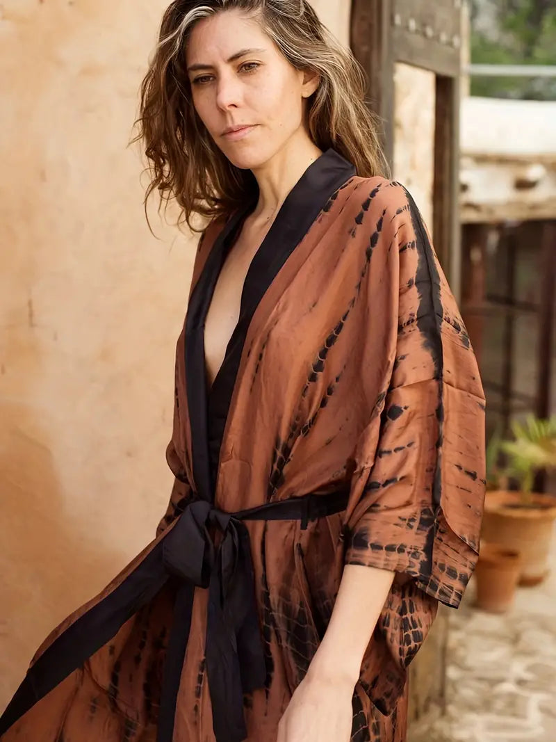 Boho Festival Chocolate Brown & Black Tie Dye Kimono