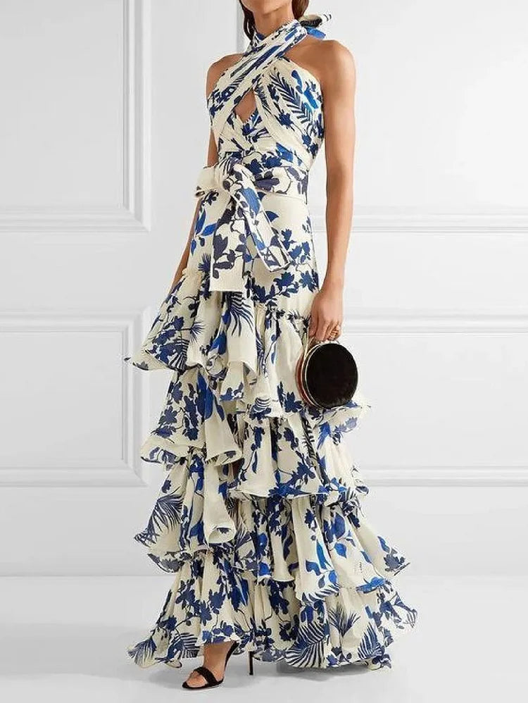 Romantic Boho Ivory & Blue Porcelain Print Ruffle Tier Maxi Dress