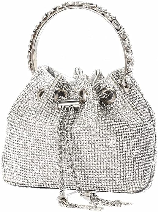 Silver Diamante Bucket Handbag Rhinestone Clutch Purse Evening Wedding