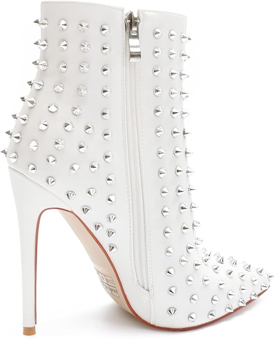 White Silver Spiked Faux Leather Ankle Boots