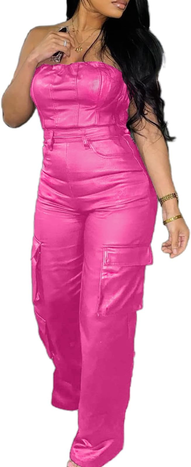 Sexy Hot Pink Faux Leather Strapless Cargo Jumpsuit Catsuit