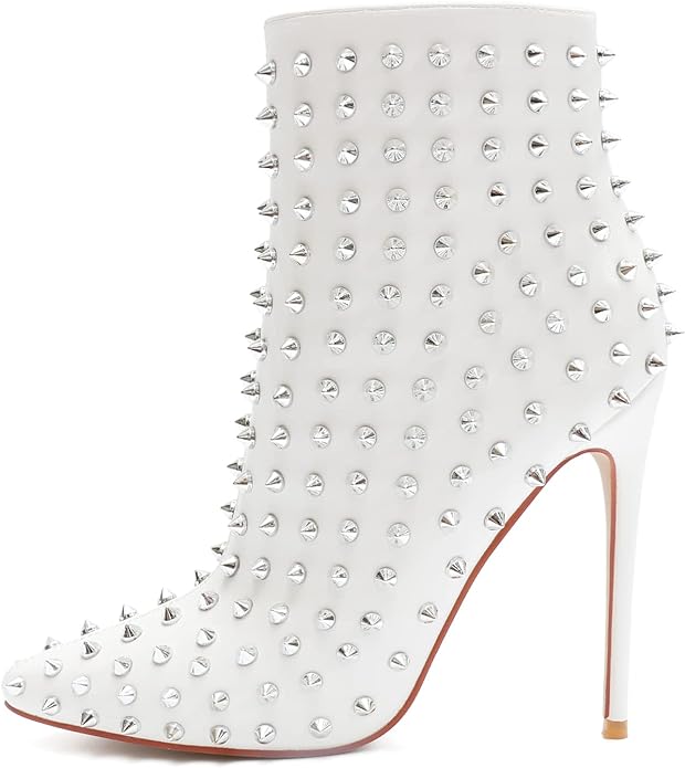 White Silver Spiked Faux Leather Ankle Boots