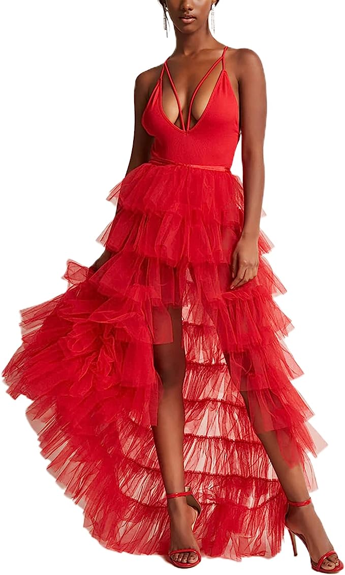 Romantic Red Hi Low Ruffled Tulle Maxi Skirt Coverup Dress