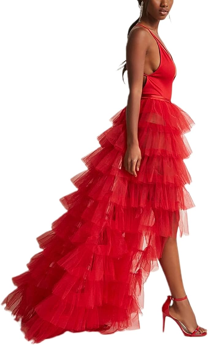 Romantic Red Hi Low Ruffled Tulle Maxi Skirt Coverup Dress