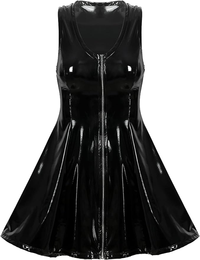 Sexy Black Faux Patent Leather Bodycon Skater Mini Dress