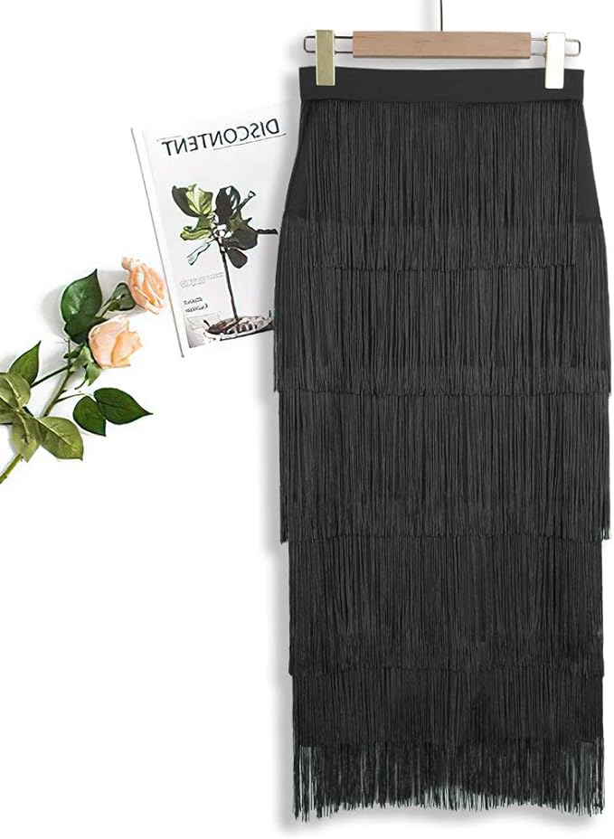 Sexy Black Fringe Midi Skirt