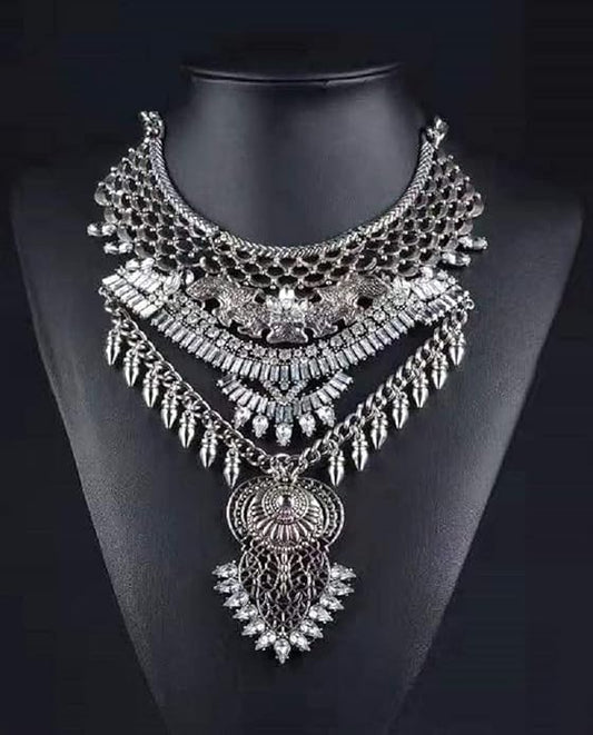 Exotic Tribal Boho Festival Silver Color Rhinestone Collar Necklace