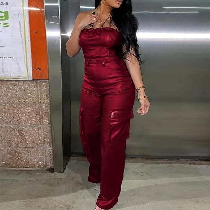 Sexy Merlot Faux Leather Strapless Cargo Jumpsuit Catsuit