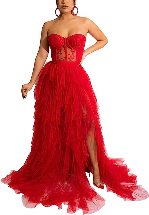 Sexy Red Lace & Tulle Maxi Dress