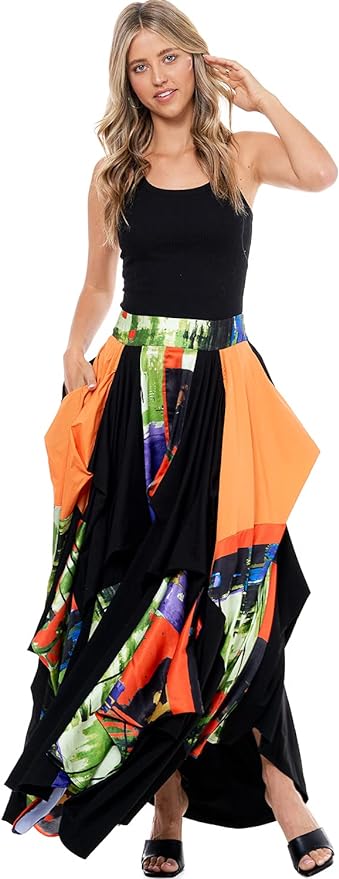 Romantic Boho Black & Orange Abstract Print Tov The Damsel`s Maxi Skirt