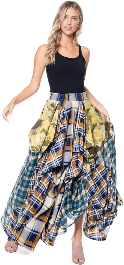 Romantic Boho Blue & Yellow Plaid Asymmetrical Tov The Damsel`s Maxi Skirt