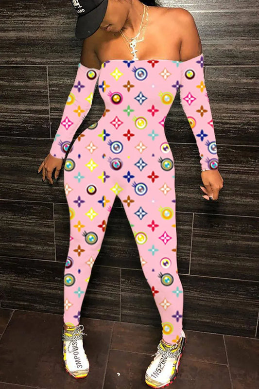 Pink Multicolor Logo Style Print Onesie Jumpsuit