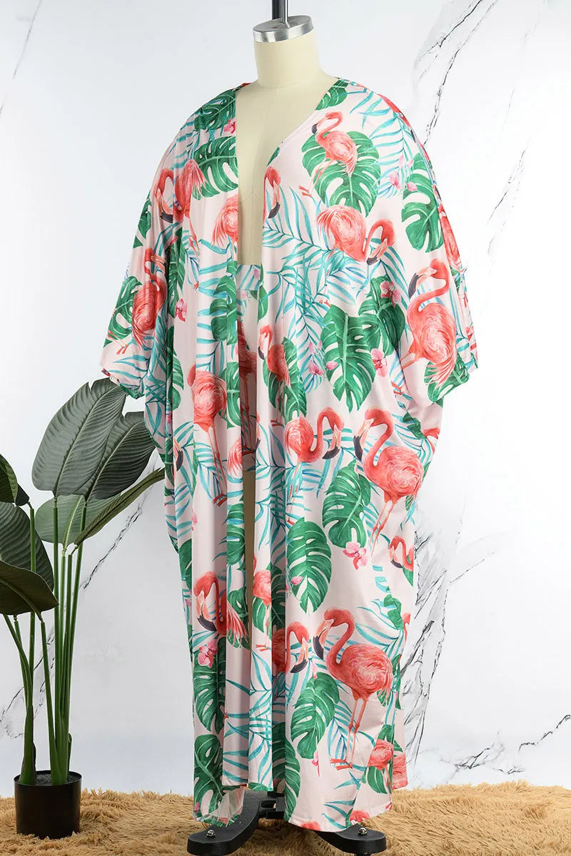 Sexy Mint Green Tropical Leaves Print Kimono & Shorts Set