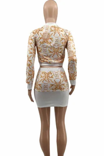 Italian Print White & Gold Bodycon Skirt Set