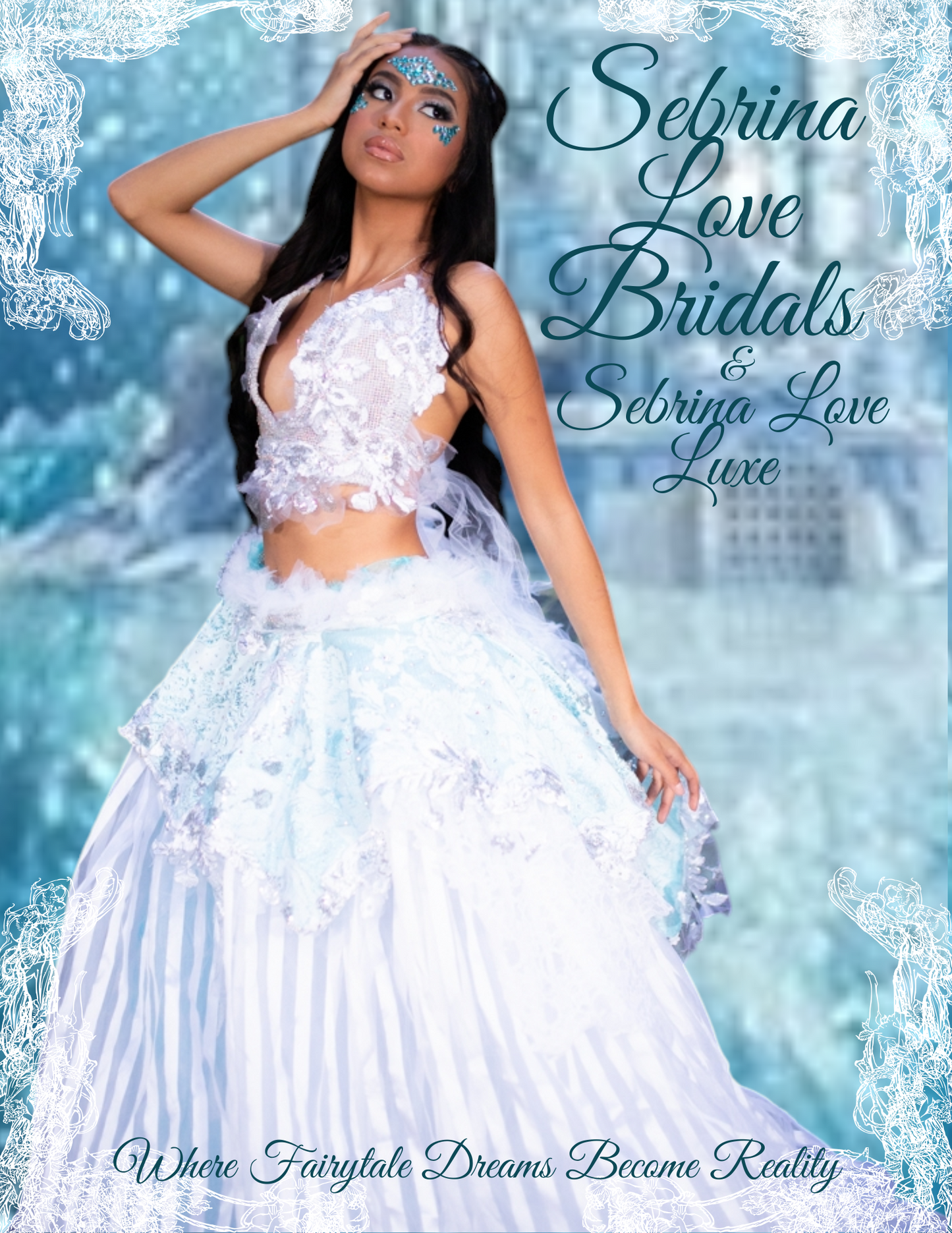 "THANIA" White, Ice Blue Silver Embroidered, Crystal Striped Organza Wedding Ballgown Set