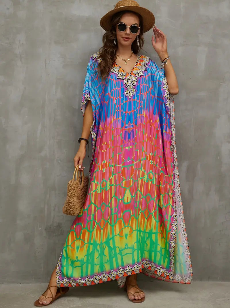 Boho Festival Pink & Blue Rainbow Multicolor Tie Dye Kaftan Dress