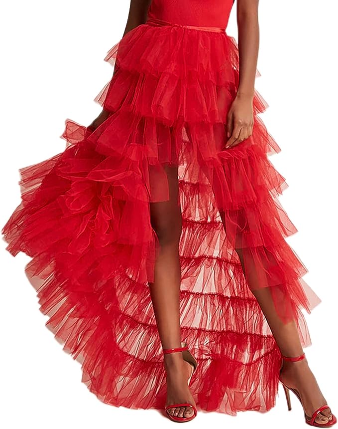 Romantic Red Hi Low Ruffled Tulle Maxi Skirt Coverup Dress