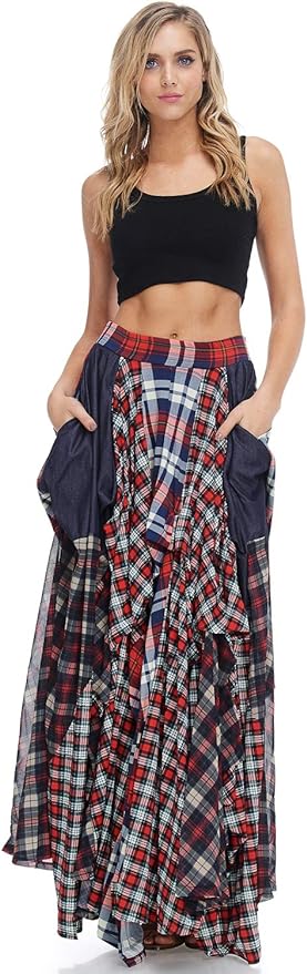 Romantic Boho Blue & Red Plaid Asymmetrical Tov The Damsel`s Maxi Skirt