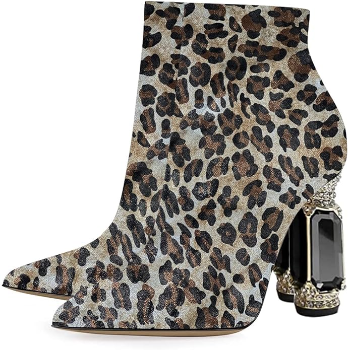 Beautified Animal Print Bejeweled Ankle Boots