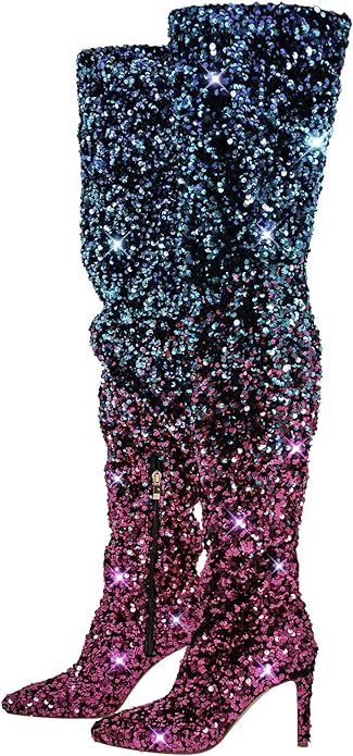 Sexy Blue & Purple Ombre Sparkly Sequin Thigh Boots