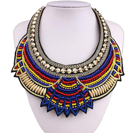 Exotic Tribal Blue Red & Gold Collar Necklace