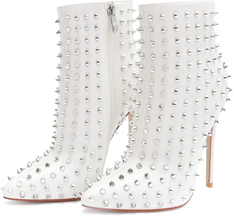 White Silver Spiked Faux Leather Ankle Boots