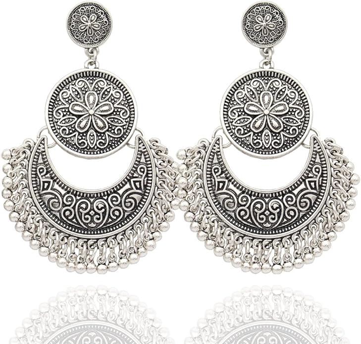 Exotic Boho Festival Silver Color Dangle Earrings