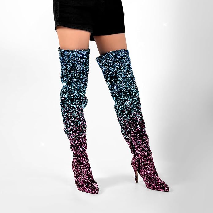 Sexy Blue & Purple Ombre Sparkly Sequin Thigh Boots