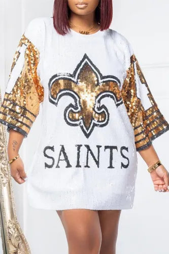 Sexy White Black & Gold Saints Sequin Football Jersey Mini Dress