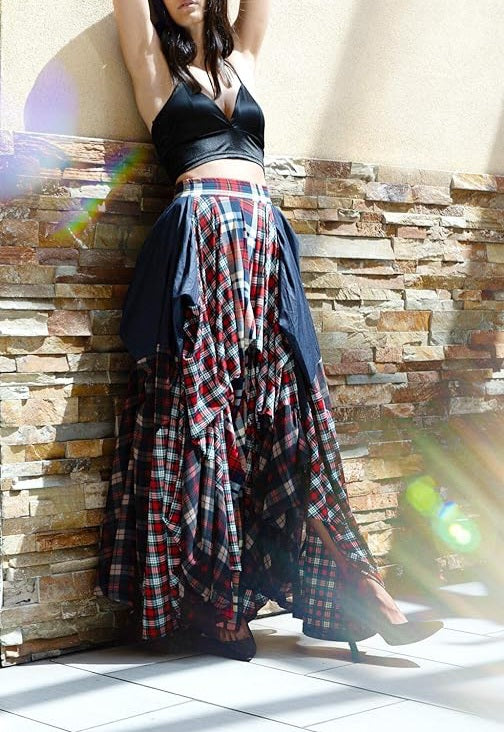 Romantic Boho Blue & Red Plaid Asymmetrical Tov The Damsel`s Maxi Skirt