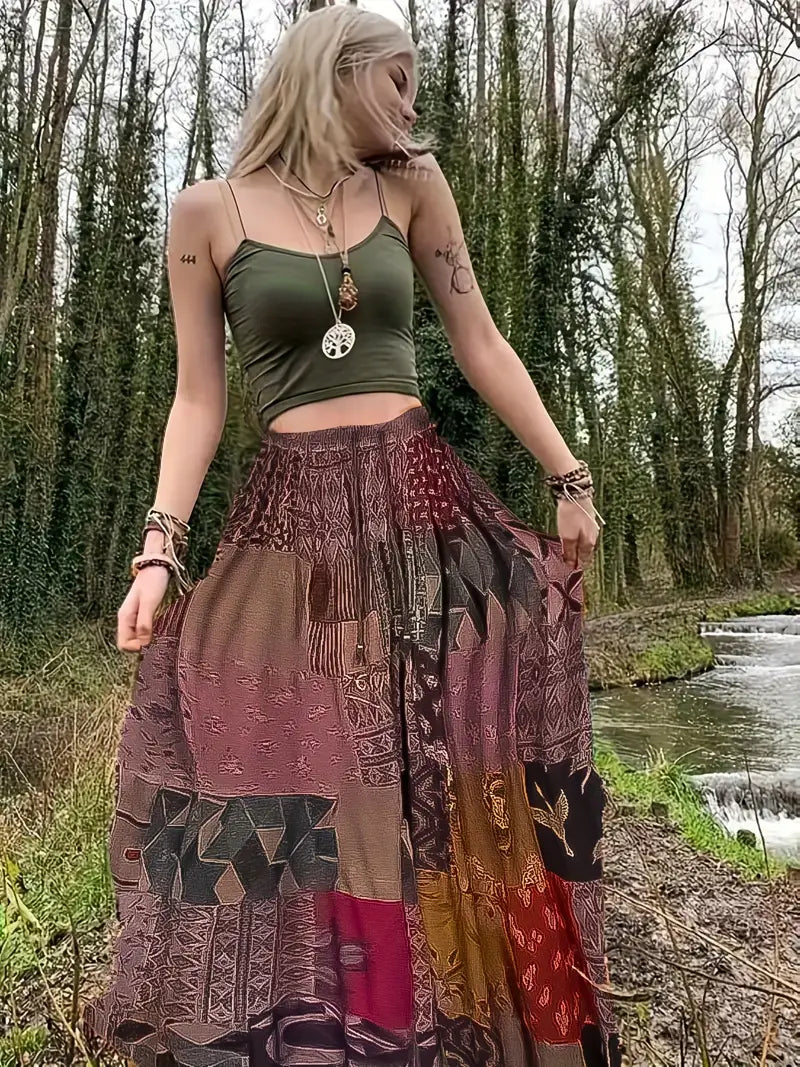 Boho Patchwork Olive Multicolor Maxi Skirt