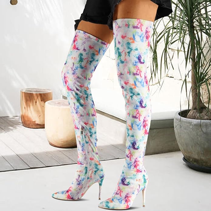 Sexy White Tie Dye Thigh Boots