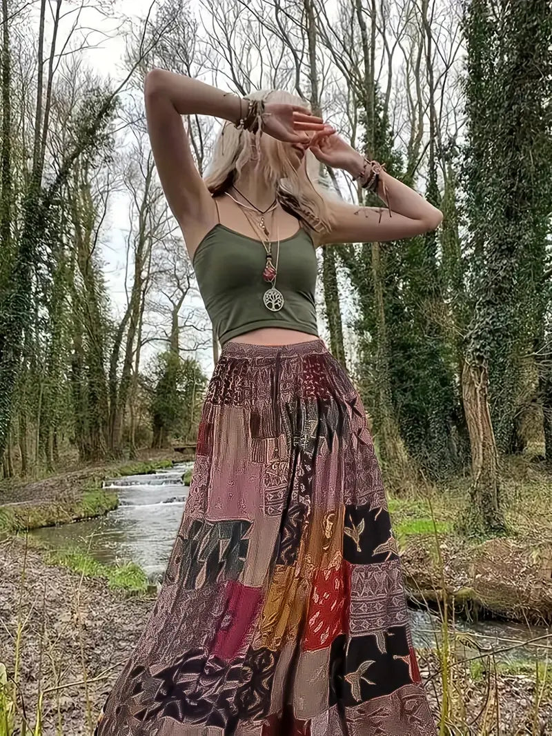 Boho Patchwork Olive Multicolor Maxi Skirt