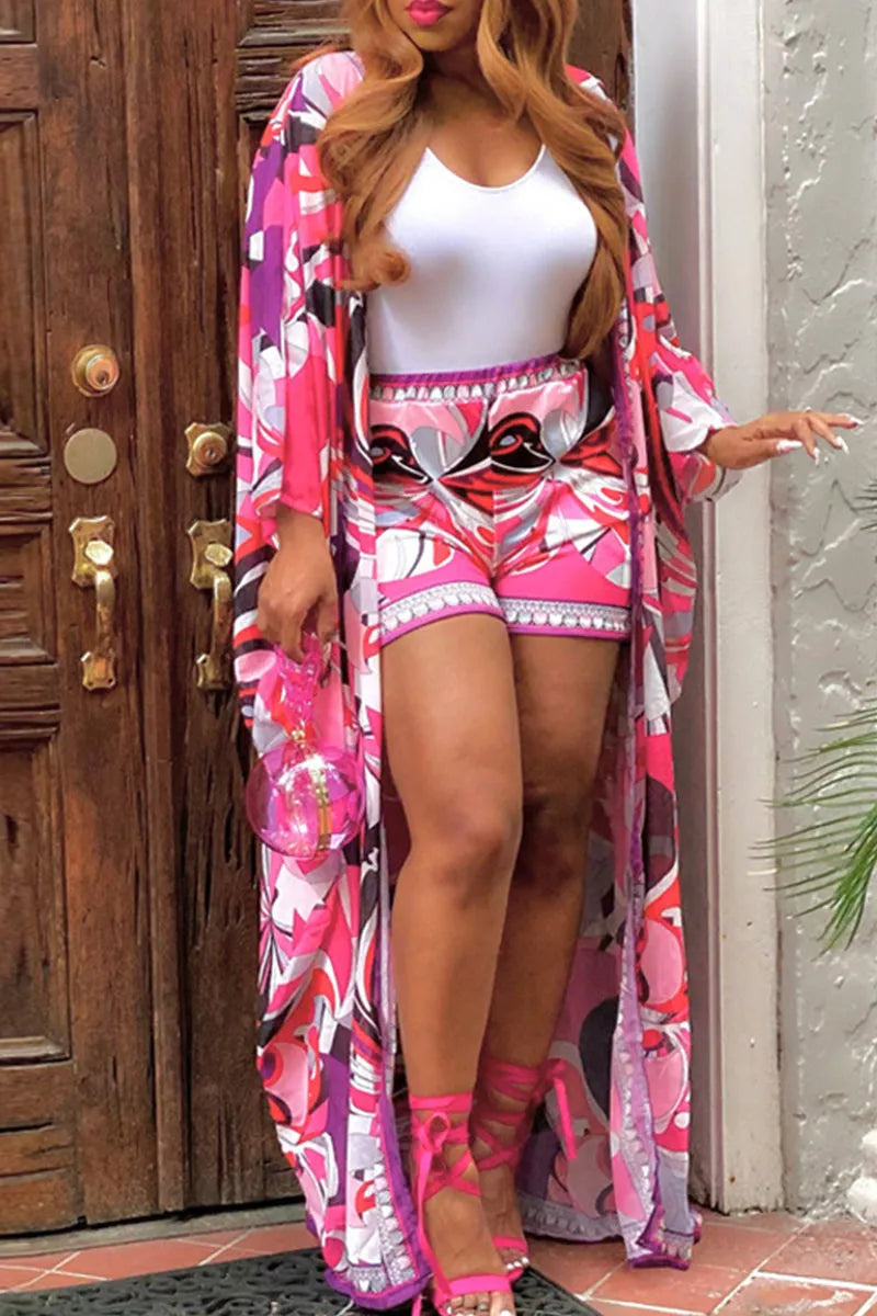 Exotic Pink & Blue Abstract Print 2 Piece Kimono & Short Set